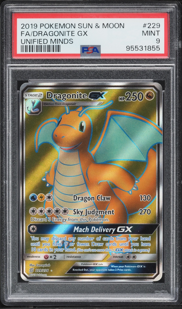 2019 Pokemon Sun & Moon Unified Minds Full Art Dragonite GX #229 PSA 9 MINT