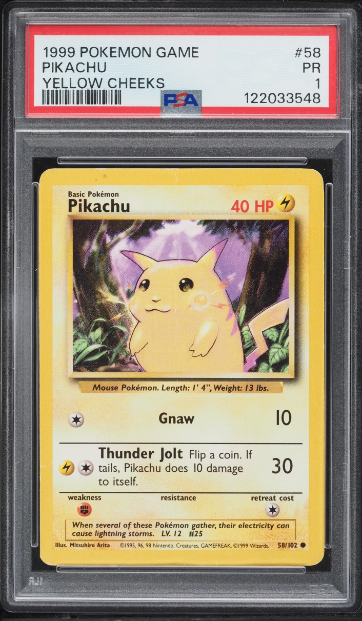 1999 Pokemon Base Set Yellow Cheeks Pikachu #58 PSA 1 PR
