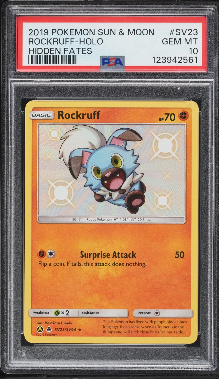 2019 Pokemon Sun & Moon Hidden Fates Shiny Rockruff #SV23 PSA 10 GEM MINT
