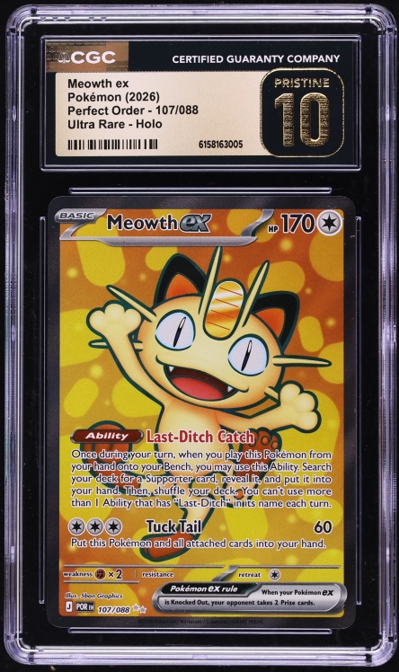 2026 Pokemon Mega Evolution Perfect Order Full Art Meowth EX #107 CGC 10 PRISTINE