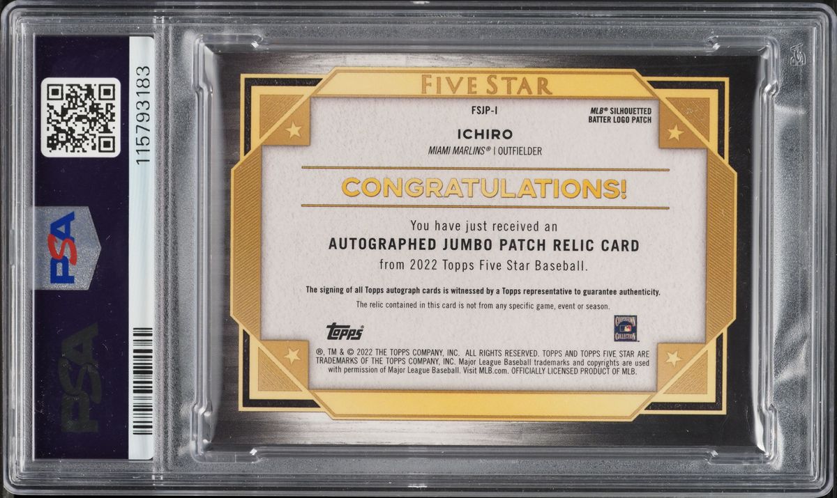 2022 Topps Five Star Prime Ichiro MLB LOGO PATCH AUTO 1/1 #FSJP-I PSA 7 NRMT