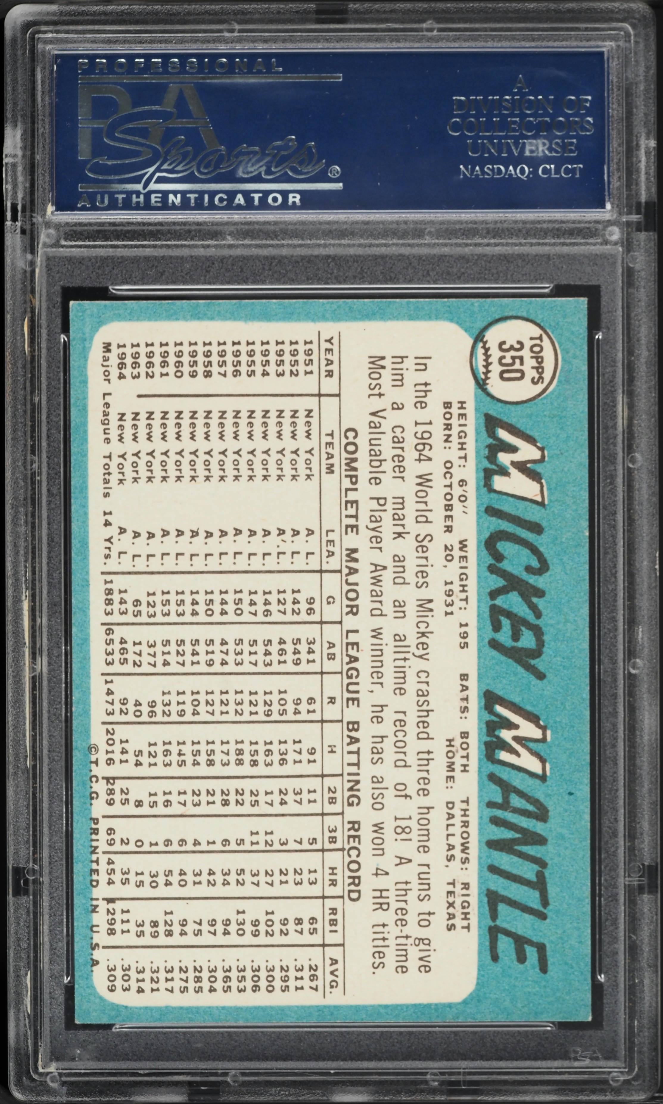 1965 Topps Mickey Mantle #350 PSA 8 NM-MT