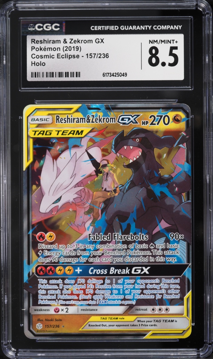 2019 Pokemon Sun & Moon Cosmic Eclipse Holo Reshiram & Zekrom GX #157 CGC 8.5 NM-MT+
