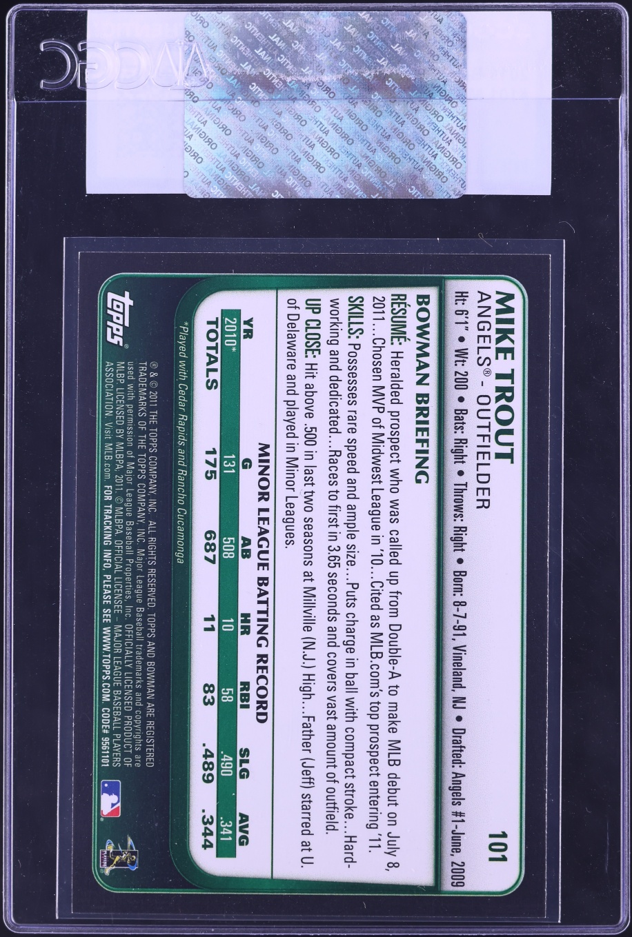 2011 Bowman Draft Picks Mike Trout ROOKIE #101 CGC AUTH