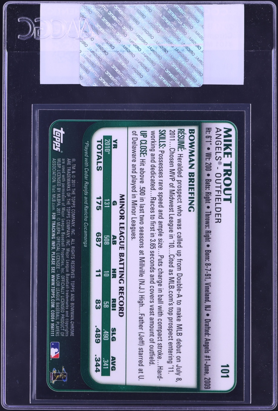 2011 Bowman Chrome Mike Trout ROOKIE #101 CGC AUTH