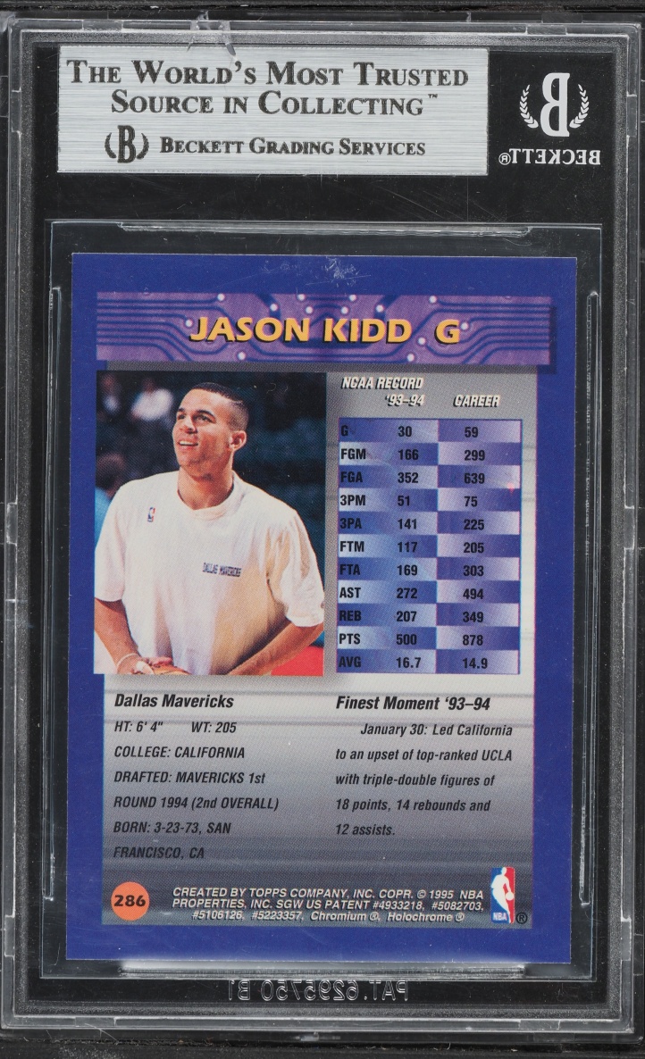 1994 Finest Basketball w/Coating Jason Kidd ROOKIE #286 BGS 9 MINT