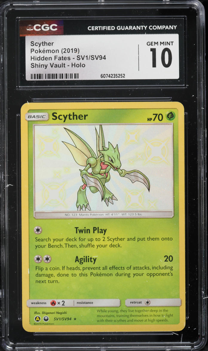 2019 Pokemon Sun & Moon Hidden Fates Holo Shiny Scyther #SV1 CGC 10 GEM MINT