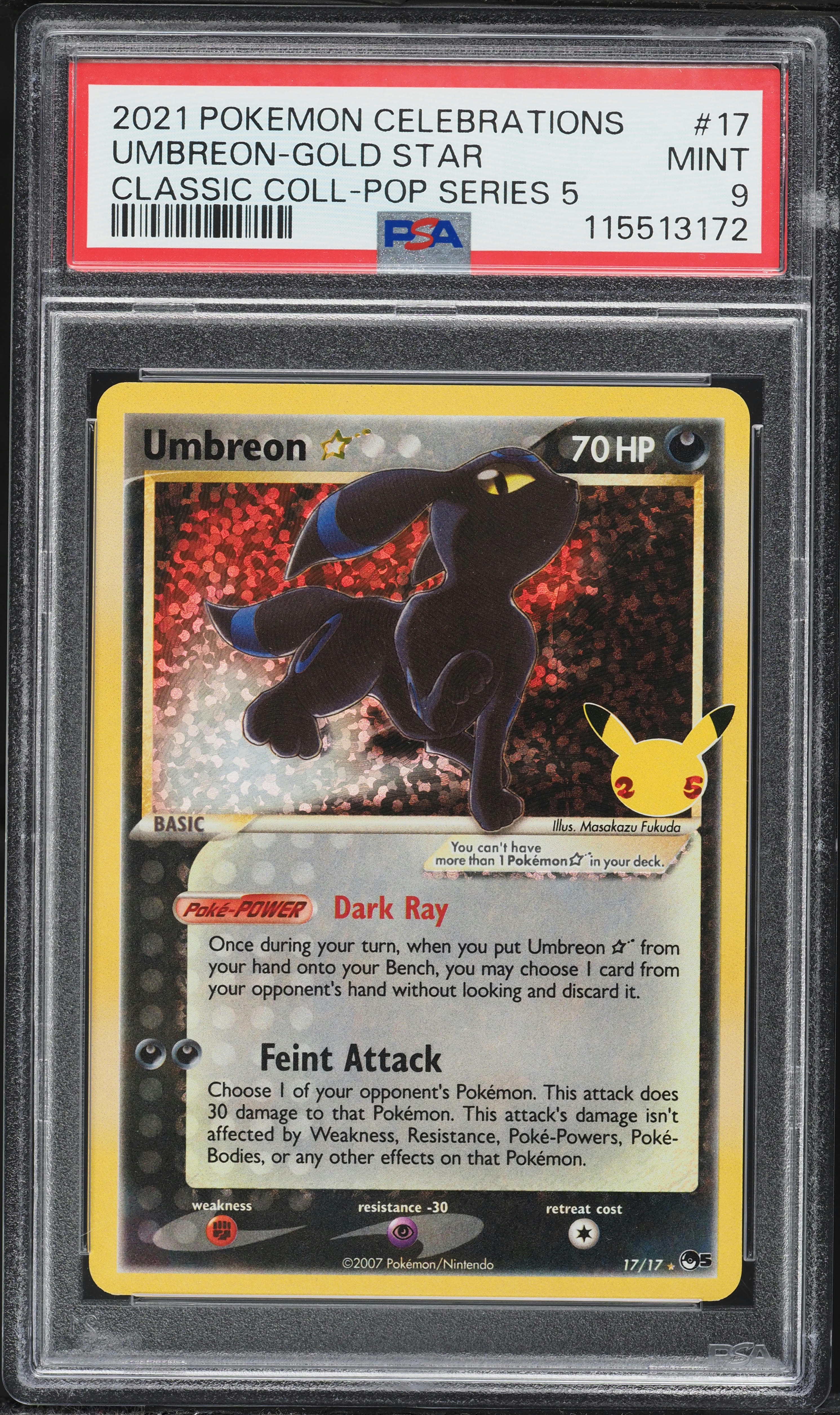 2021 Pokemon Sword & Shield Celebrations Classic Holo Umbreon Gold Star #17 PSA 9 MINT