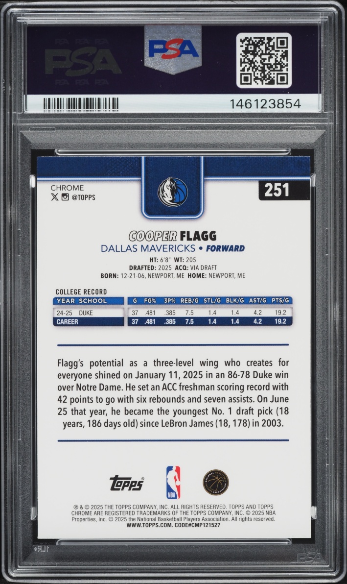 2025 Topps Chrome Prism Refractor Cooper Flagg ROOKIE #251 PSA 9 MINT