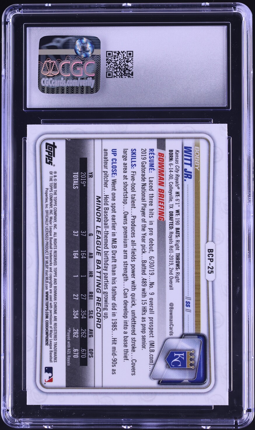 2020 Bowman Chrome Bobby Witt Jr. PROSPECT #BCP-25 CGC 8 NM-MT
