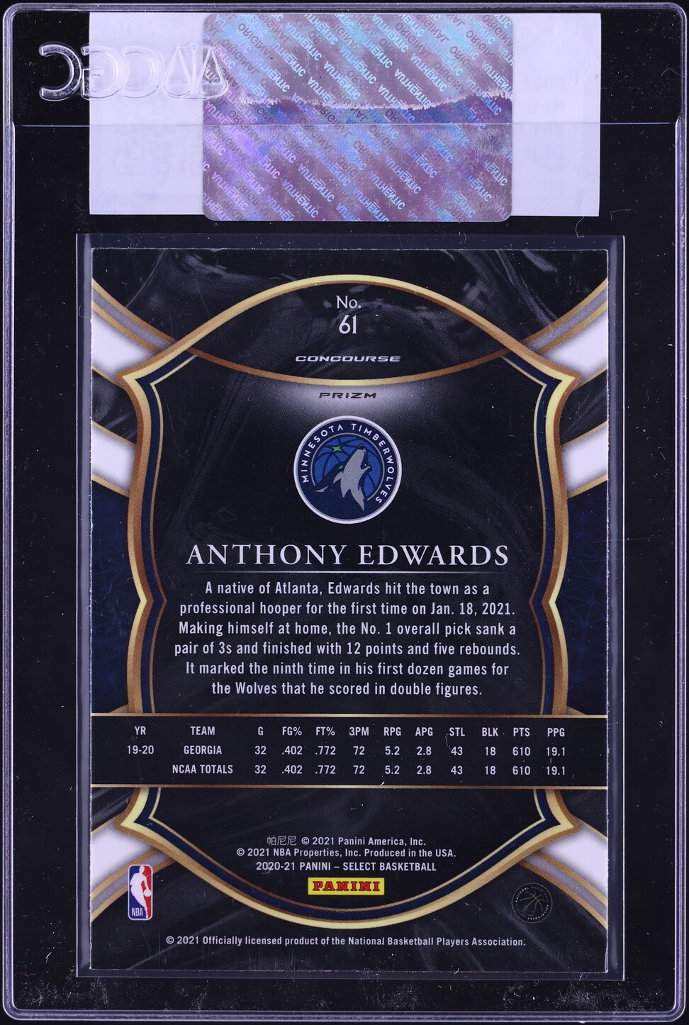 2020 Select Concourse Retail Blue Anthony Edwards ROOKIE #61 CGC AUTH