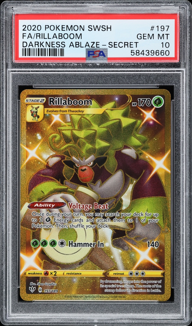 2020 Pokemon SWSH Darkness Ablaze Gold Rare Rillaboom #197 PSA 10 GEM MINT