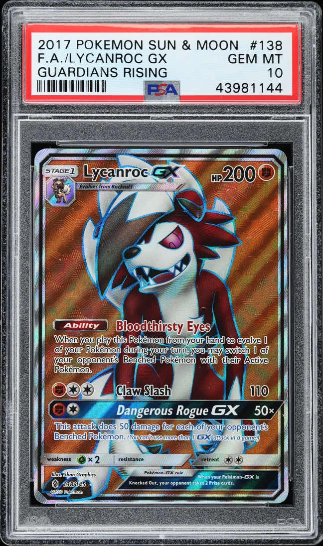 2017 Pokemon Sun & Moon Guardians Rising Full Art Lycanroc GX #138 PSA 10 GEM MINT