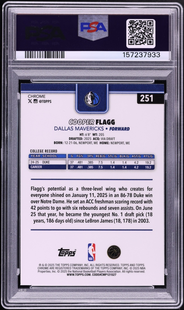 2025 Topps Chrome Cooper Flagg ROOKIE #251 PSA 9 MINT