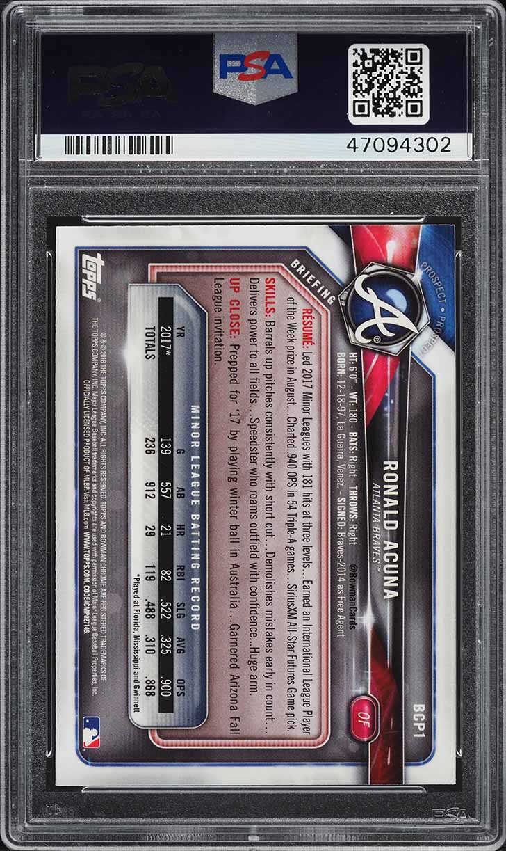 2018 Bowman Chrome Ronald Acuna PROSPECT #BCP1 PSA 10 GEM MINT