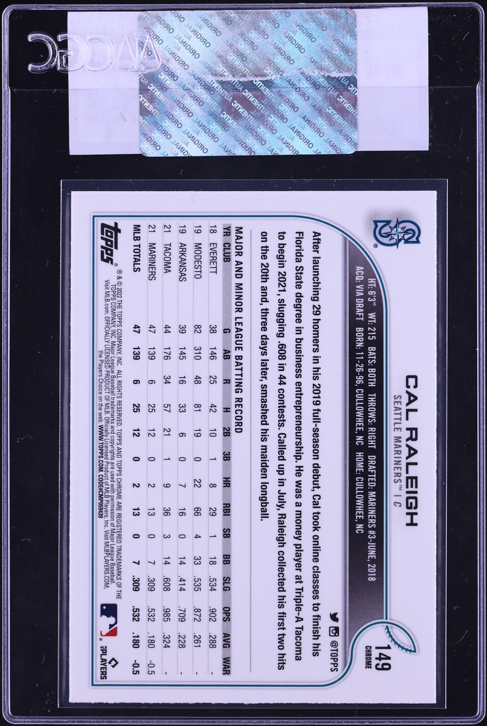 2022 Topps Chrome Cal Raleigh ROOKIE #149 CGC AUTH