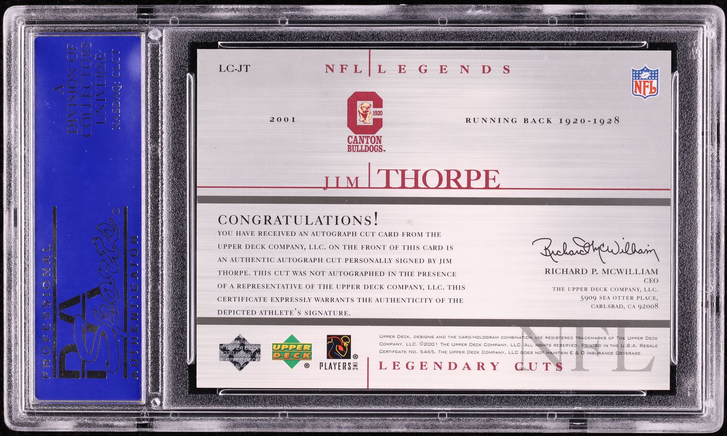 2001 Upper Deck Legends Legendary Cuts Jim Thorpe AUTO #LC-JT PSA 10 GEM MINT