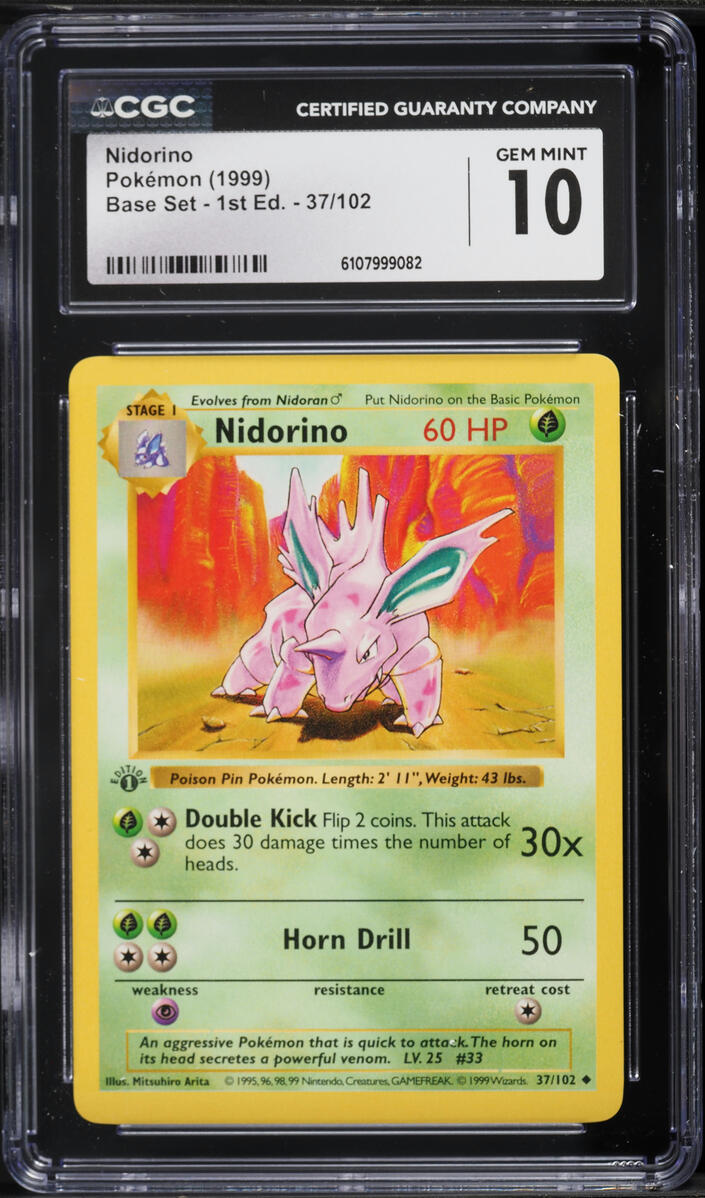 1999 Pokemon Base Set Shadowless 1st Edition Nidorino #37 CGC 10 GEM MINT