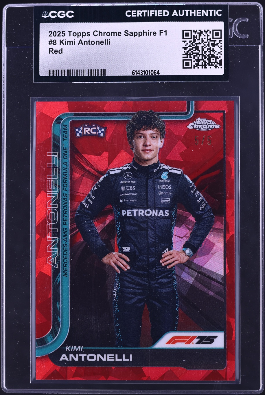 2025 Topps Chrome Formula 1 F1 Sapphire Red Kimi Antonelli ROOKIE 5/5 #8 CGC AUTH