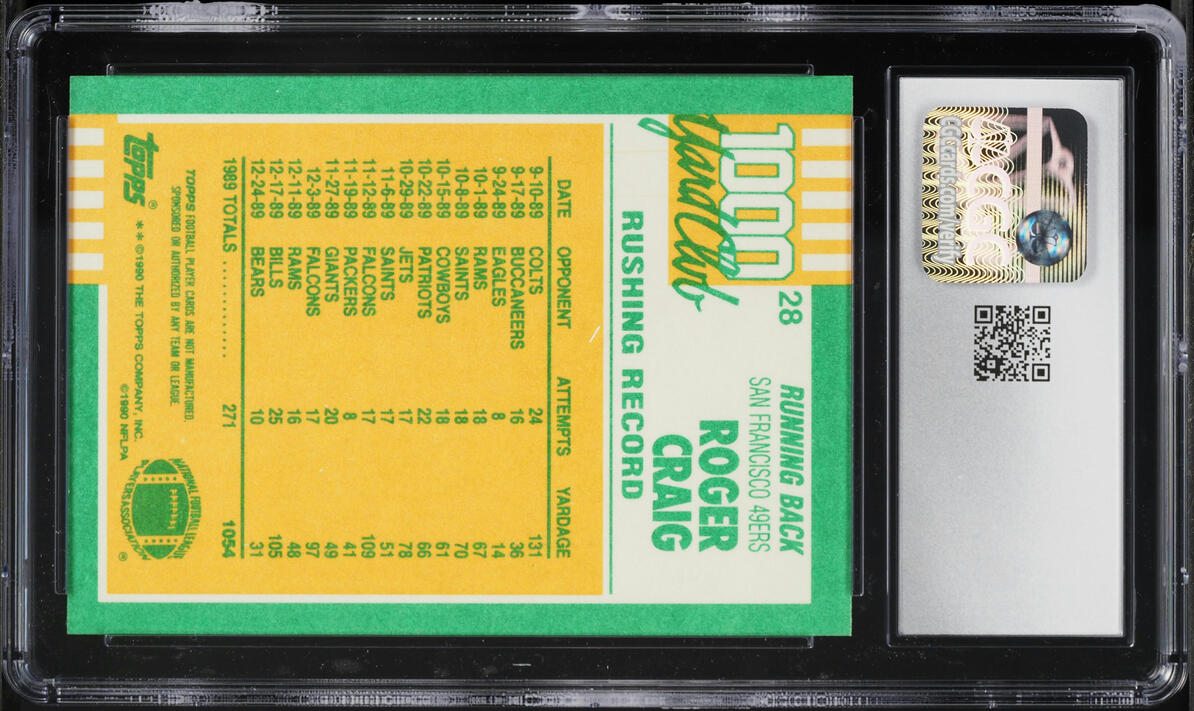 1990 Topps 1000 Yard Club Disclaimer Back Two Asterisks Roger Craig #28 CGC 9 MINT