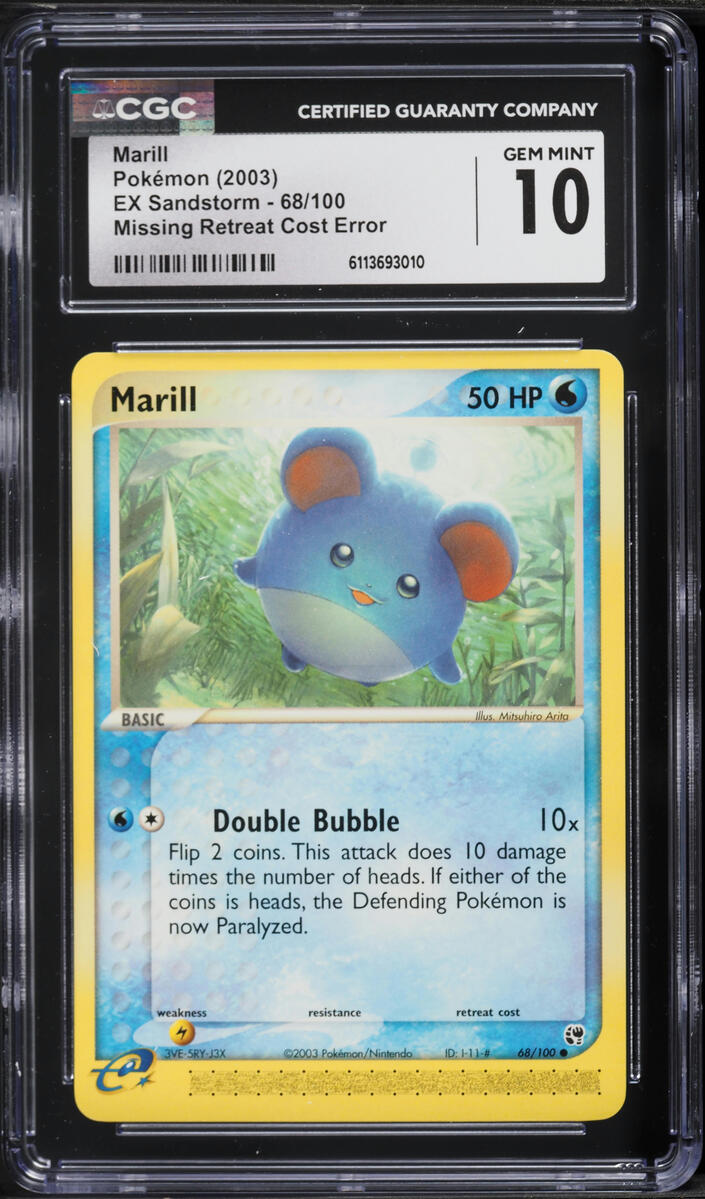 2003 Pokemon EX Sandstorm Missing Retreat Cost Marill #68 CGC 10 GEM MINT