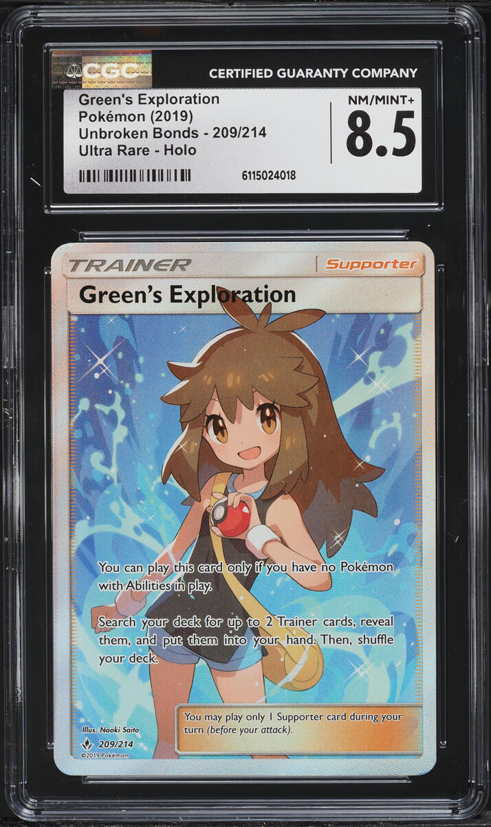 2019 Pokemon Sun & Moon Unbroken Bonds Full Art Green's Exploration #209 CGC 8.5 NM-MT+