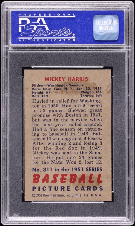 1951 Bowman Mickey Harris #311 PSA 7 NRMT