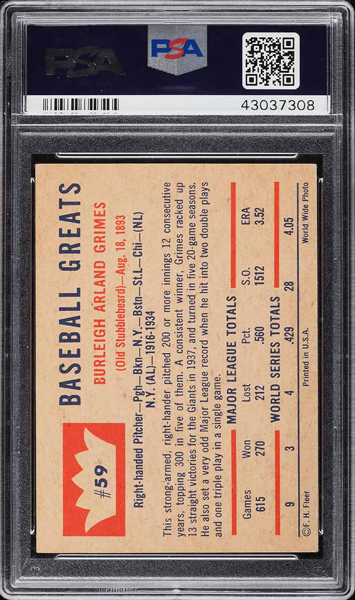 1960 Fleer Burleigh Grimes #59 PSA 6 EXMT