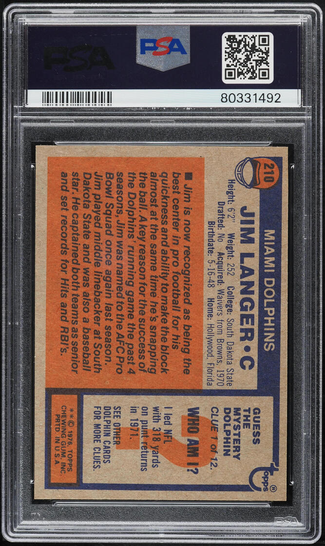 1976 Topps Football Jim Langer #210 PSA 10 GEM MINT