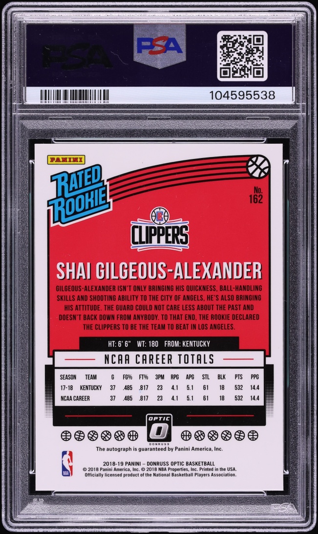 2018 Donruss Optic Shai Gilgeous-Alexander ROOKIE AUTO #162 PSA 10 GEM MINT - Photo 2