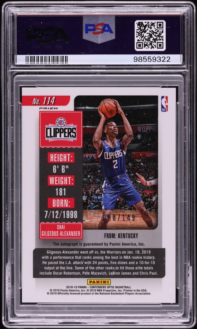 2018 Panini Contenders Optic Red Shai Gilgeous-Alexander ROOKIE AUTO /149 #114 PSA 10 GEM MINT - Photo 2