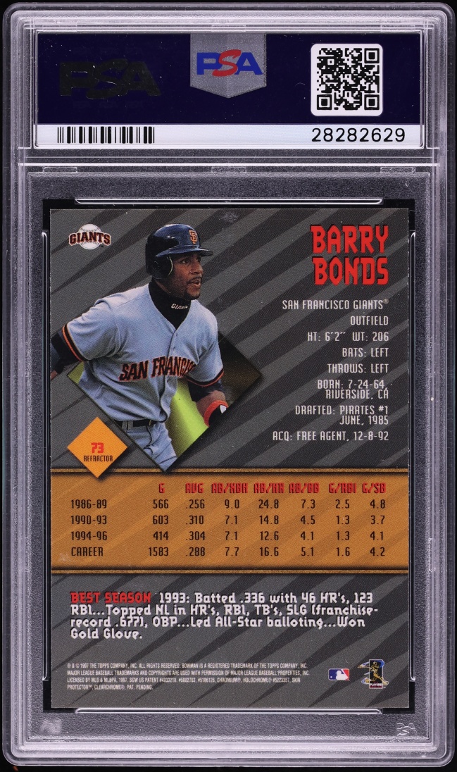 1997 Bowman's Best Refractor Barry Bonds #73 PSA 9 MINT - Photo 2