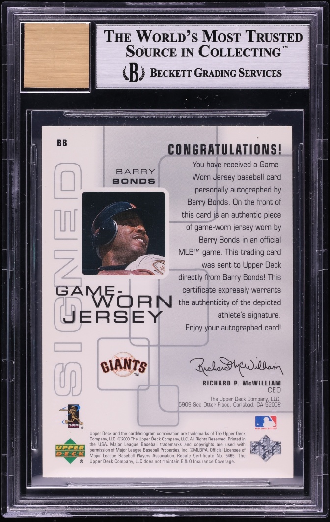 2000 Upper Deck Pros & Prospects Game Worn Jersey Barry Bonds PATCH AUTO #BB BGS 9 MINT - Photo 2