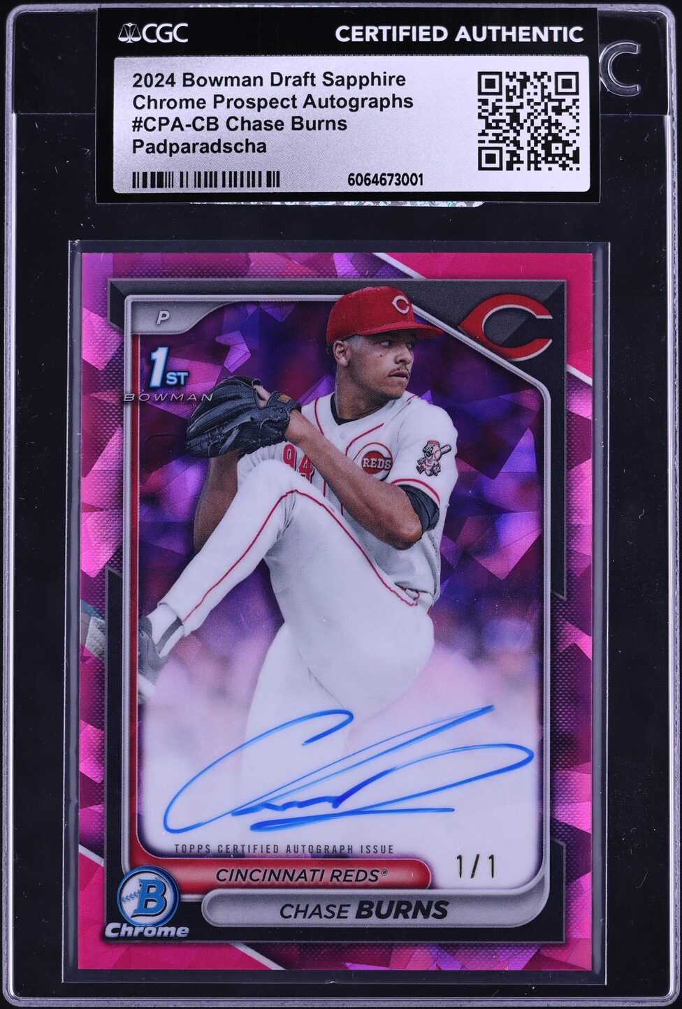 2024 Bowman Chrome Sapphire Padparadscha Chase Burns PROSPECT AUTO 1/1 CGC AUTH
