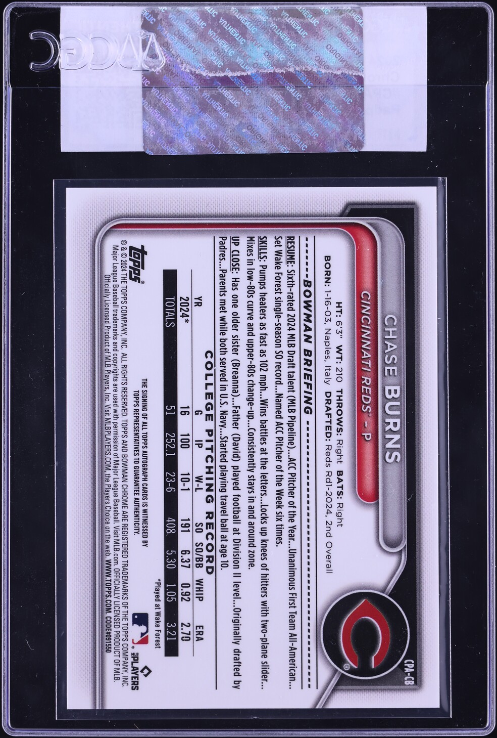 2024 Bowman Chrome Sapphire Padparadscha Chase Burns PROSPECT AUTO 1/1 CGC AUTH