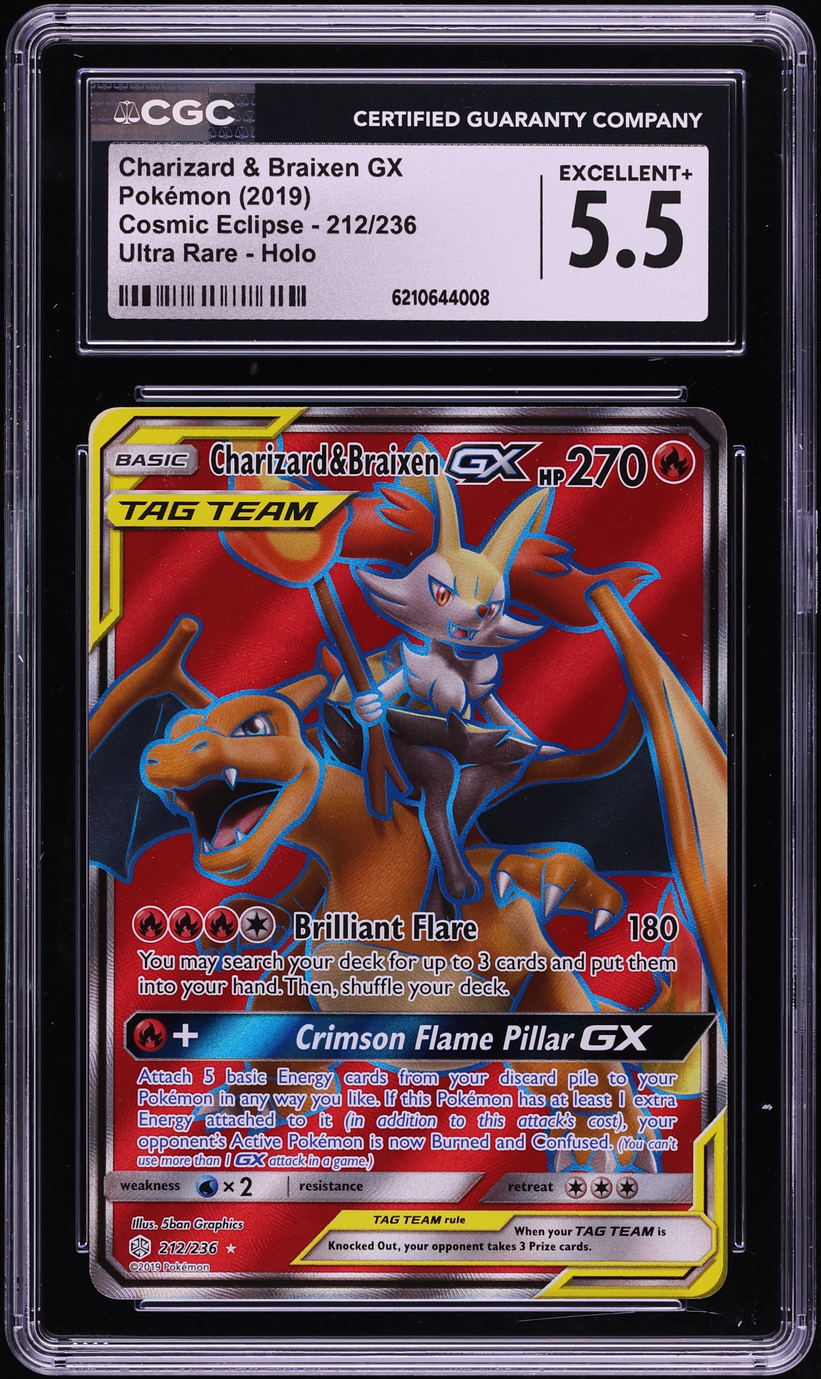 2019 Pokemon Sun & Moon Cosmic Eclipse Full Art Charizard & Braixen GX #212 CGC 5.5 EX+