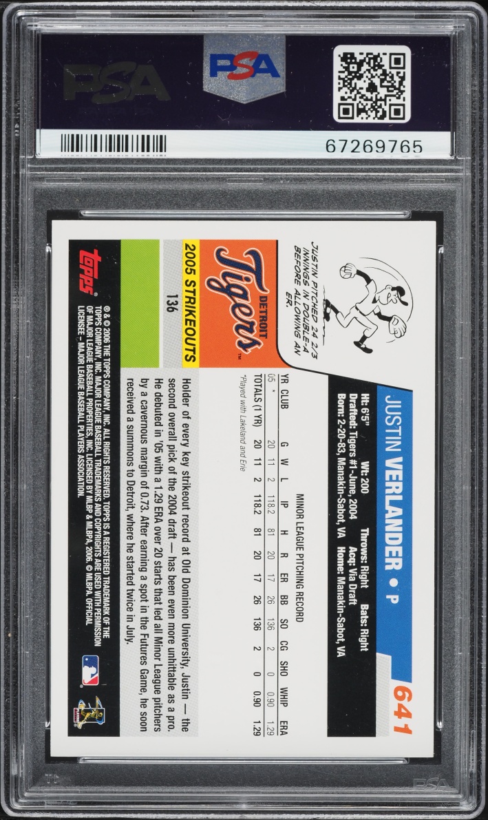 2006 Topps Justin Verlander ROOKIE #641 PSA 9 MINT