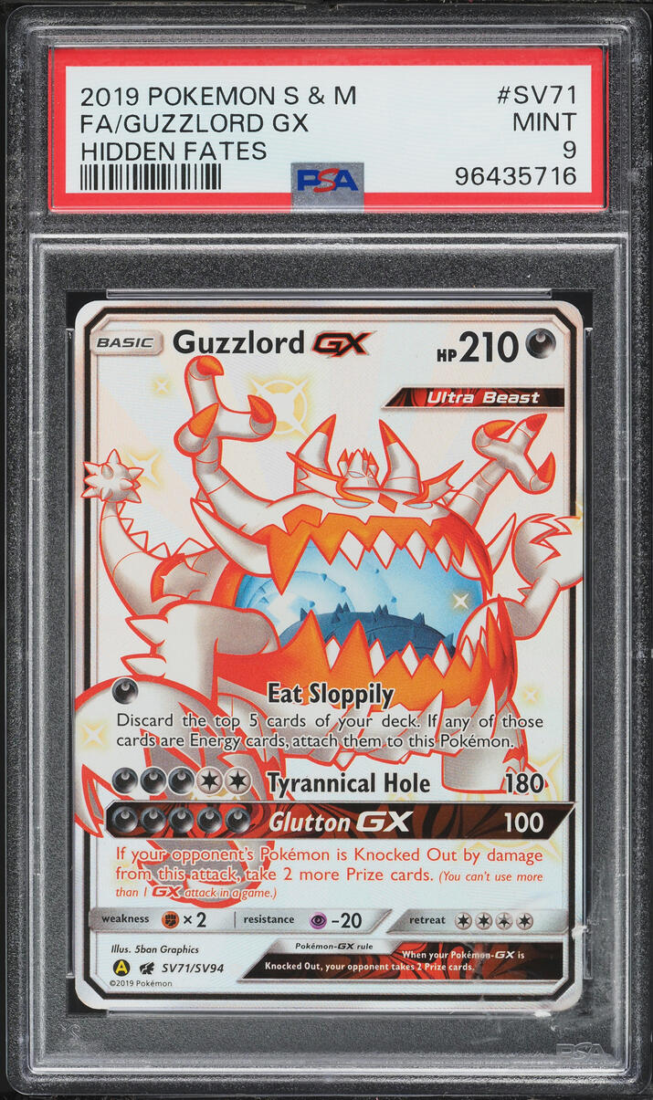 2019 Pokemon Sun & Moon Hidden Fates Full Art Guzzlord GX #SV71 PSA 9 MINT