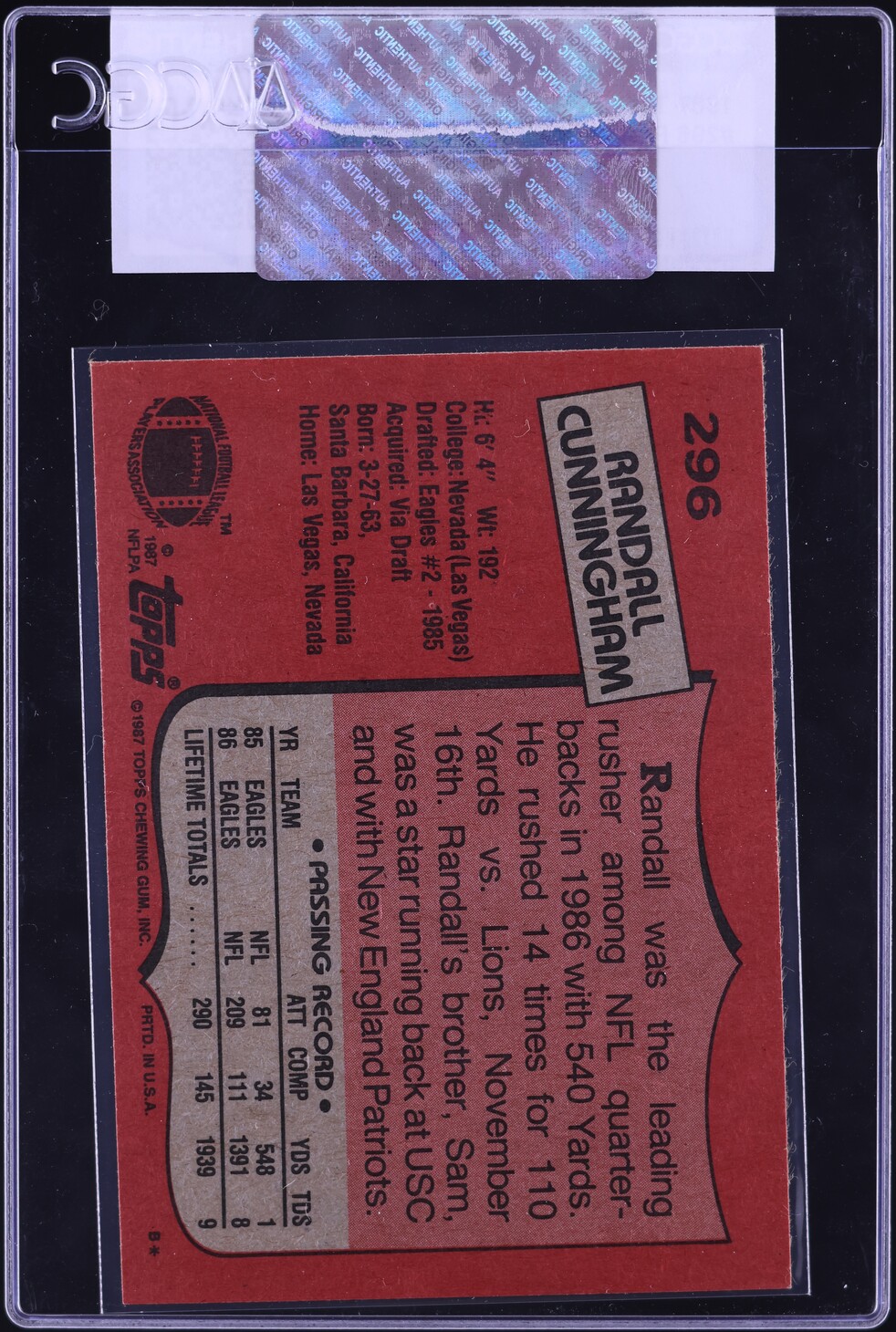 1987 Topps Football Randall Cunningham ROOKIE #296 CGC AUTH
