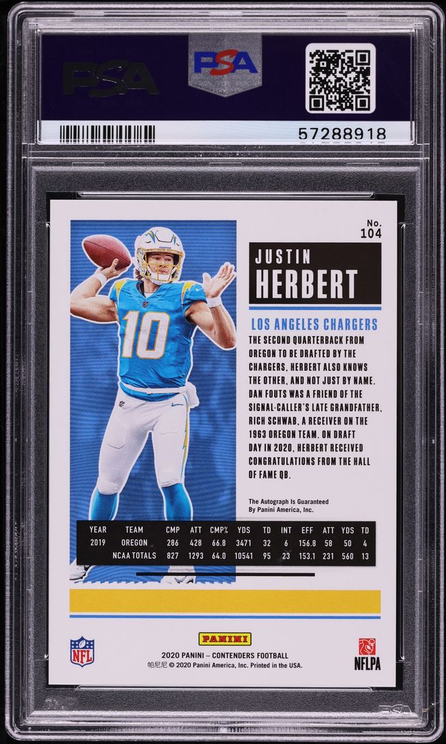 2020 Panini Contenders Championship Justin Herbert ROOKIE AUTO DNA 10 /49 PSA 10