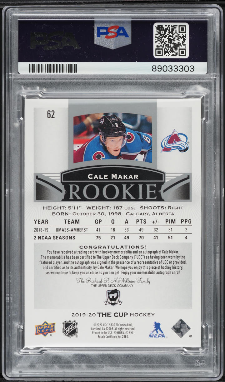 2019 UD The Cup Cale Makar ROOKIE PATCH AUTO DNA 10 /99 #62 PSA 9 MINT