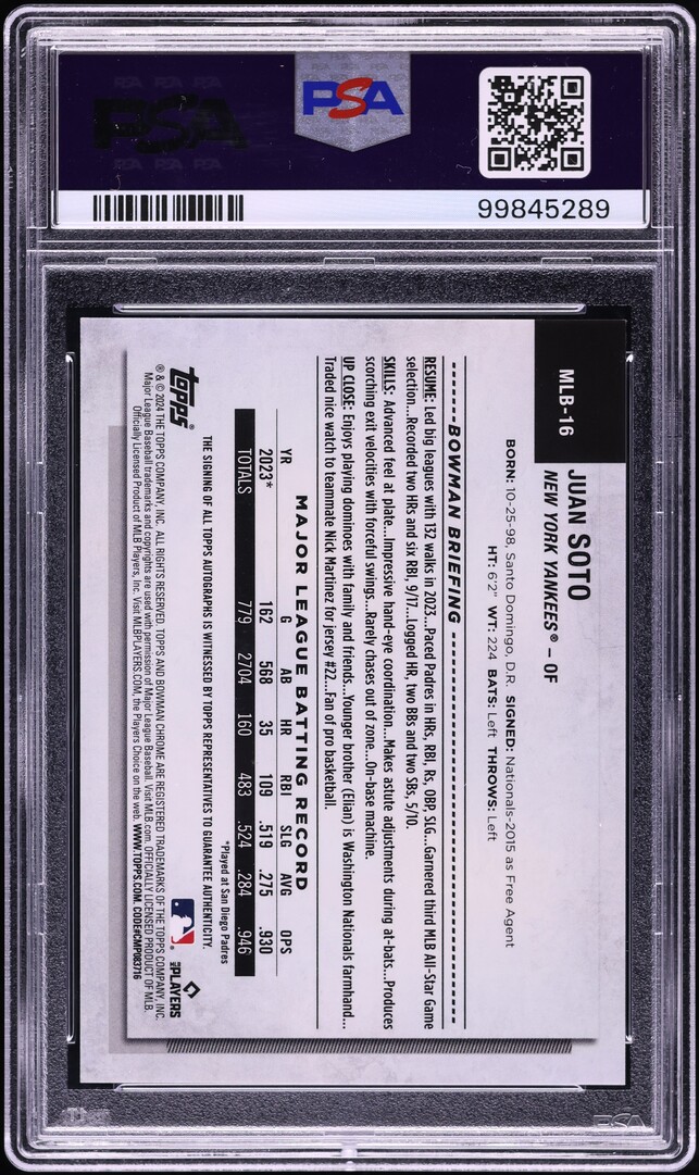2024 Topps Chrome NSCC Silver Pack Veterans & Rookies Juan Soto AUTO /5 PSA 8
