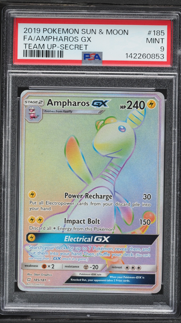 2019 Pokemon Sun & Moon Team Up Rainbow Rare Ampharos GX #185 PSA 9 MINT