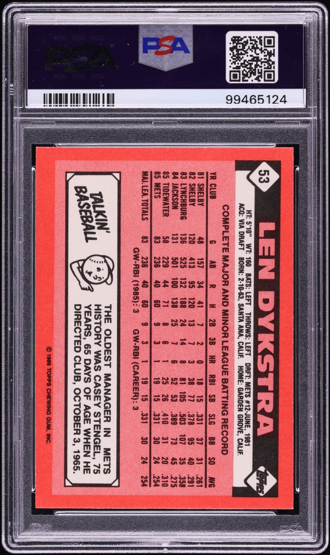 1986 Topps Tiffany Len Dykstra ROOKIE #53 PSA 8 NM-MT