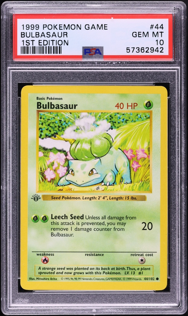 1999 Pokemon Base Set Shadowless 1st Edition Bulbasaur #44 PSA 10 GEM MINT
