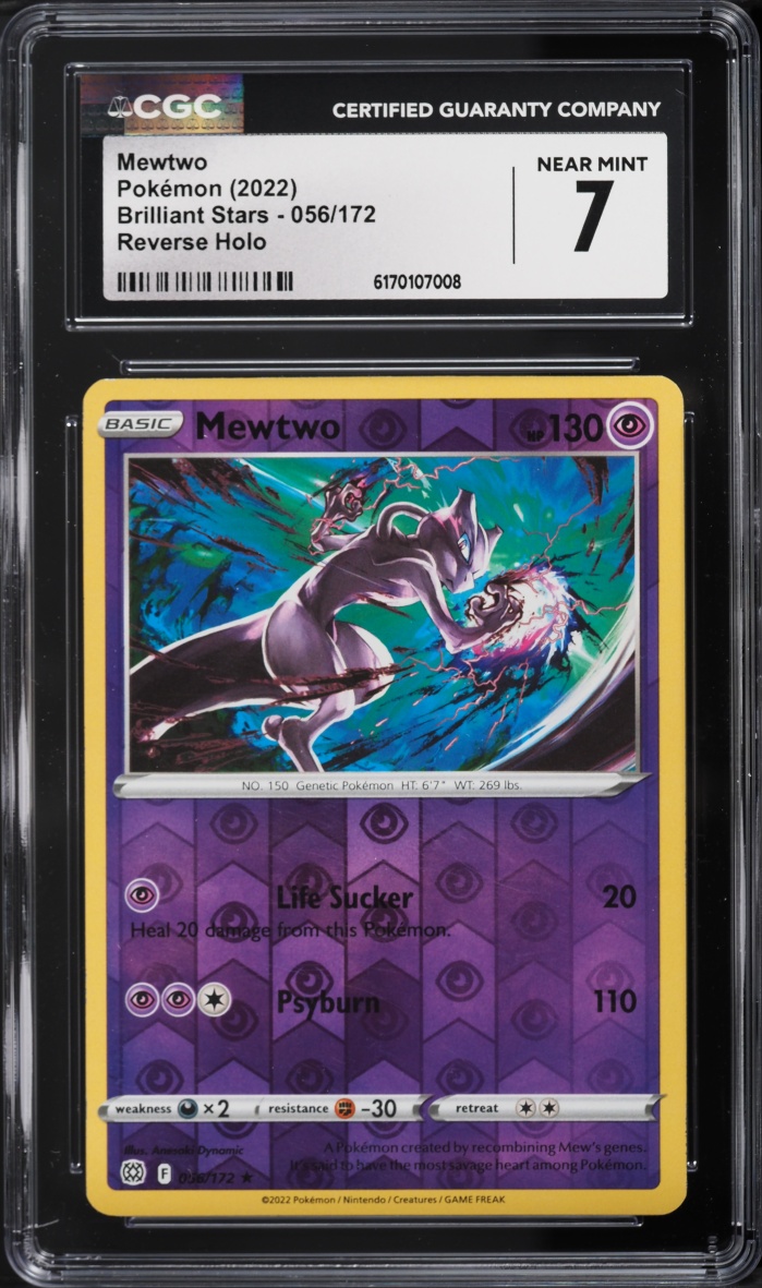 2022 Pokemon Sword & Shield Brilliant Stars Reverse Holo Mewtwo #56 CGC 7 NRMT