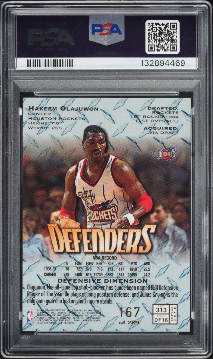 1997 Finest Defenders Gold Refractor Hakeem Olajuwon /289 #313 PSA 9 MINT