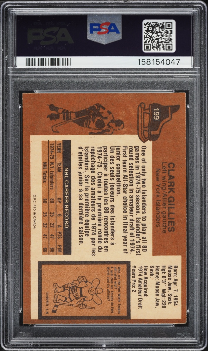 1975 O-Pee-Chee Hockey Clark Gillies ROOKIE #199 PSA 7 NRMT