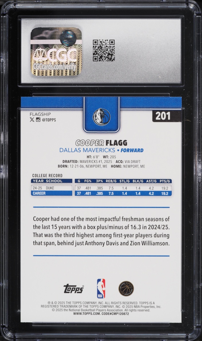 2025 Topps Basketball Cooper Flagg ROOKIE #201 CGC 10 GEM MINT