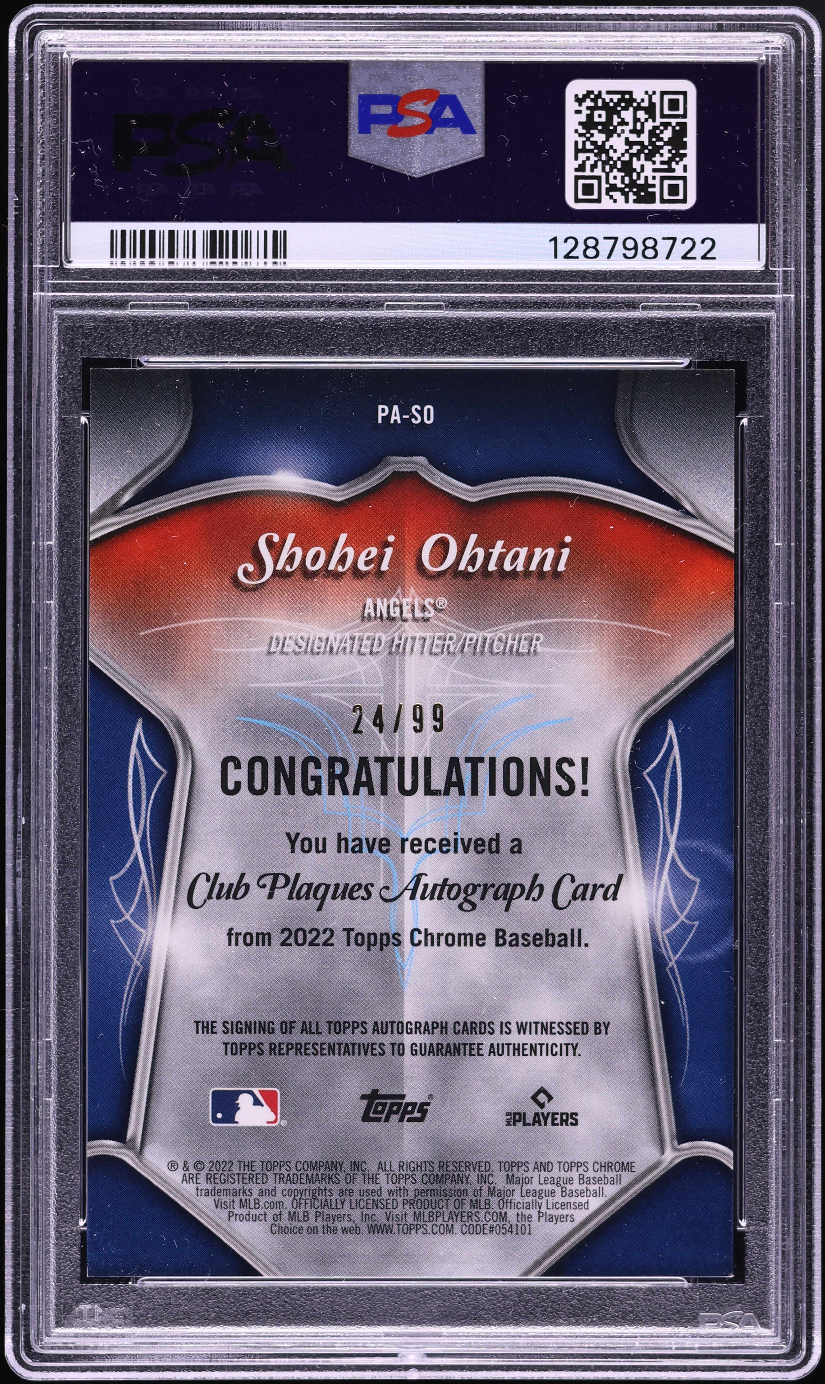 2022 Topps Chrome Club Plaques Shohei Ohtani AUTO DNA 10 /99 #PA